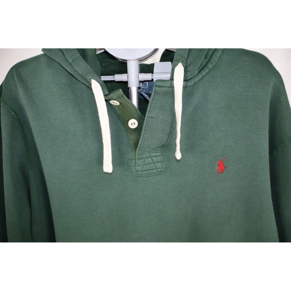 Vintage 90s Polo Ralph Lauren Hoodie Mens 2XL Green Henley Button Pullover